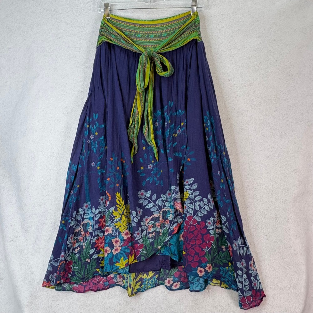 Sundance Floral Smocked Waist Maxi Skirt Navy Women M Boho Cottagecore Hippie